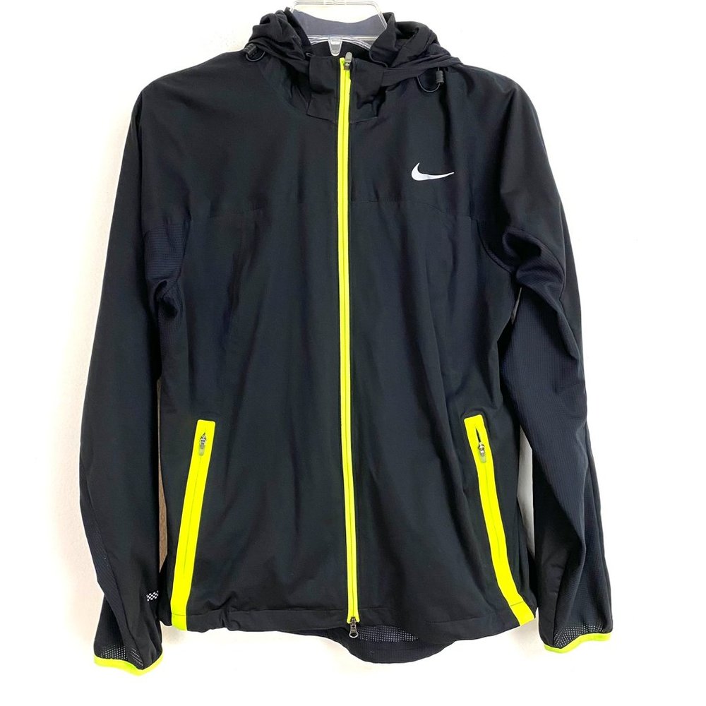 Nike Women's Shield Light Running Jacket Coat Sz M black Yellow w/ hood vented